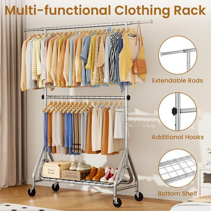 JIEJIERUI Heavy Duty Clothes Rack for Hanging Clothes, Double Rods Clothing Rack with Lockable Wheels, Rolling Garment Racks with Shelf, Easy to Assemble, Silver