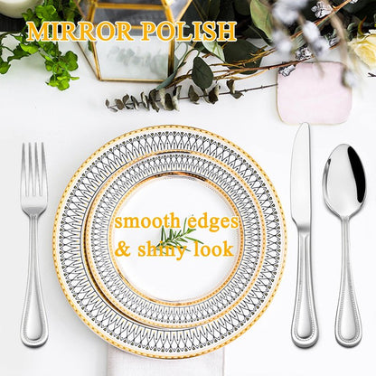 LIANYU 60-Piece Silverware Flatware Set for 12, Stainless Steel Cutlery Tableware with Pearled Edge, Fancy Eating Utensils for Kitchen Restaurant Party, Include Forks Knives Spoons, Dishwasher Safe