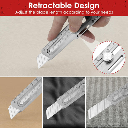BIBURY 2 Pack Mutipurpose Utility Knife, Heave Duty Full Stainless Steel Retractable Box Cutter with 10PCS replaceable Blades (18mm Wide), Multi-functional Extended Razor Knife for Office, Home,School