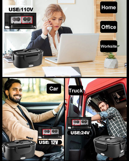 Buddew Electric Lunch Box for Adults, 80W Heated Lunch Box with Dual 1.5L Stainless Steel Portable Food Warmer,12/24/110V Lonchera Electrica Portatil for Travel&Work, Loncheras para Hombres de Trabajo