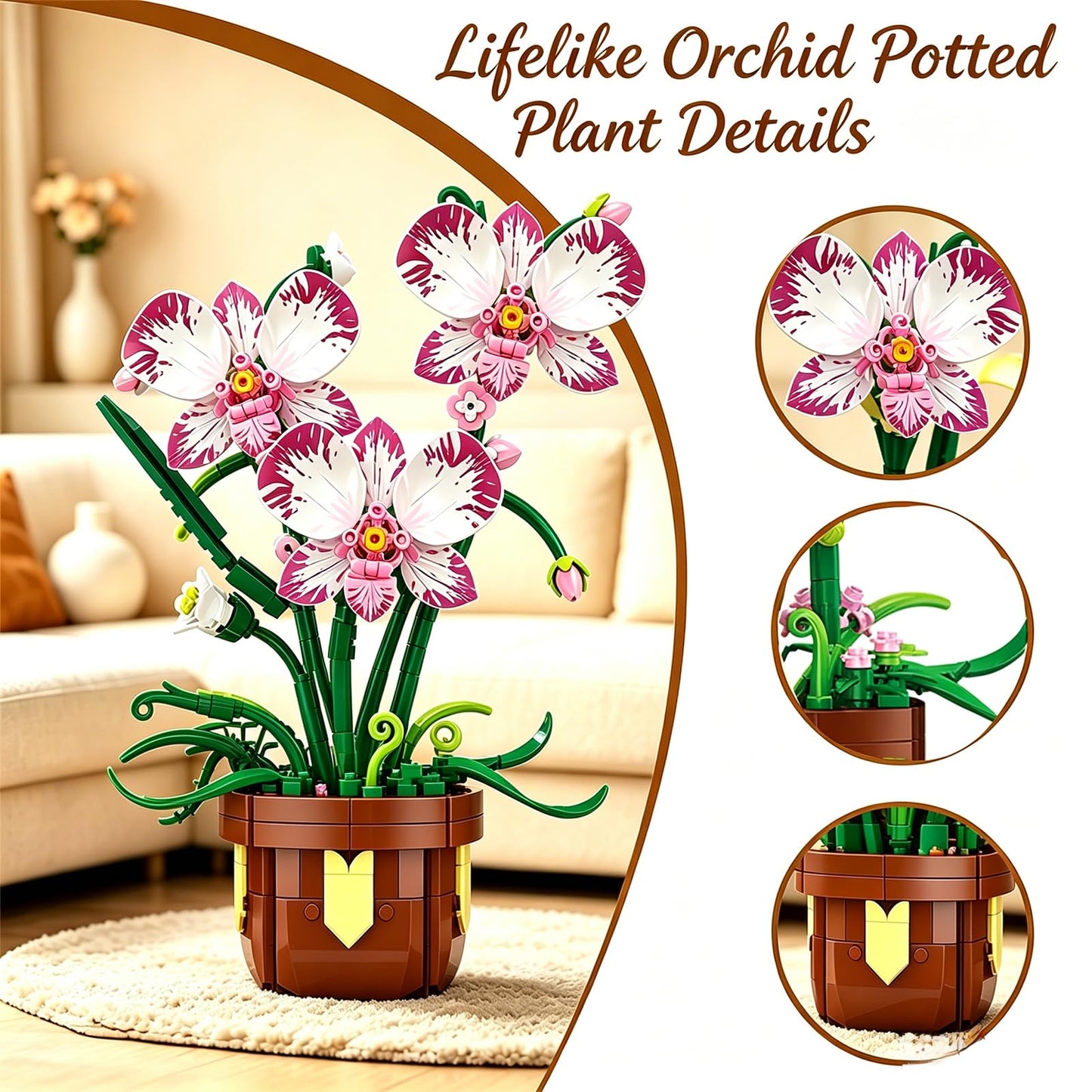 COZYMASS Orchid Building Block Set for Adults, Artificial Flower Plant Building Kit with Pot, Home, Kitchen, Dining Table Decoration, Creative Gift for Birthday (323 PCS)