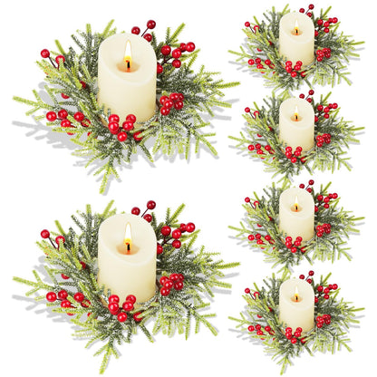 IWNTWY 6Pcs Christmas Candle Ring Wreaths, Artificial Red Berries Pine Branches Leaves Candle Rings for Pillars Candle Holder, Home Christmas Party Table Centerpiece Decoration