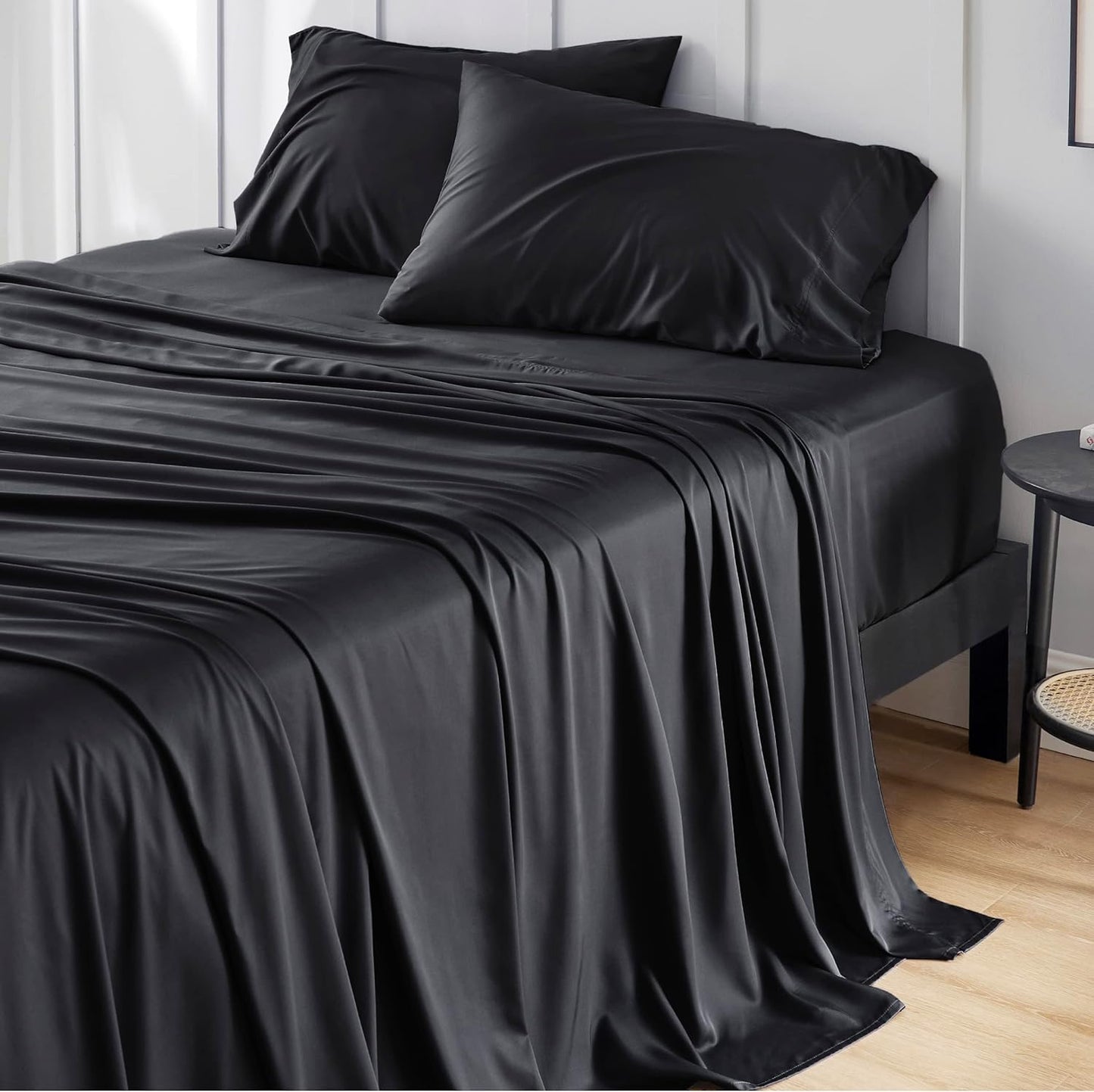 PureWoven King Size Sheet Set - Cooling Rayon Bamboo Sheets | Deep Pocket, Soft & Breathable Black Bedding for Hot Sleepers
