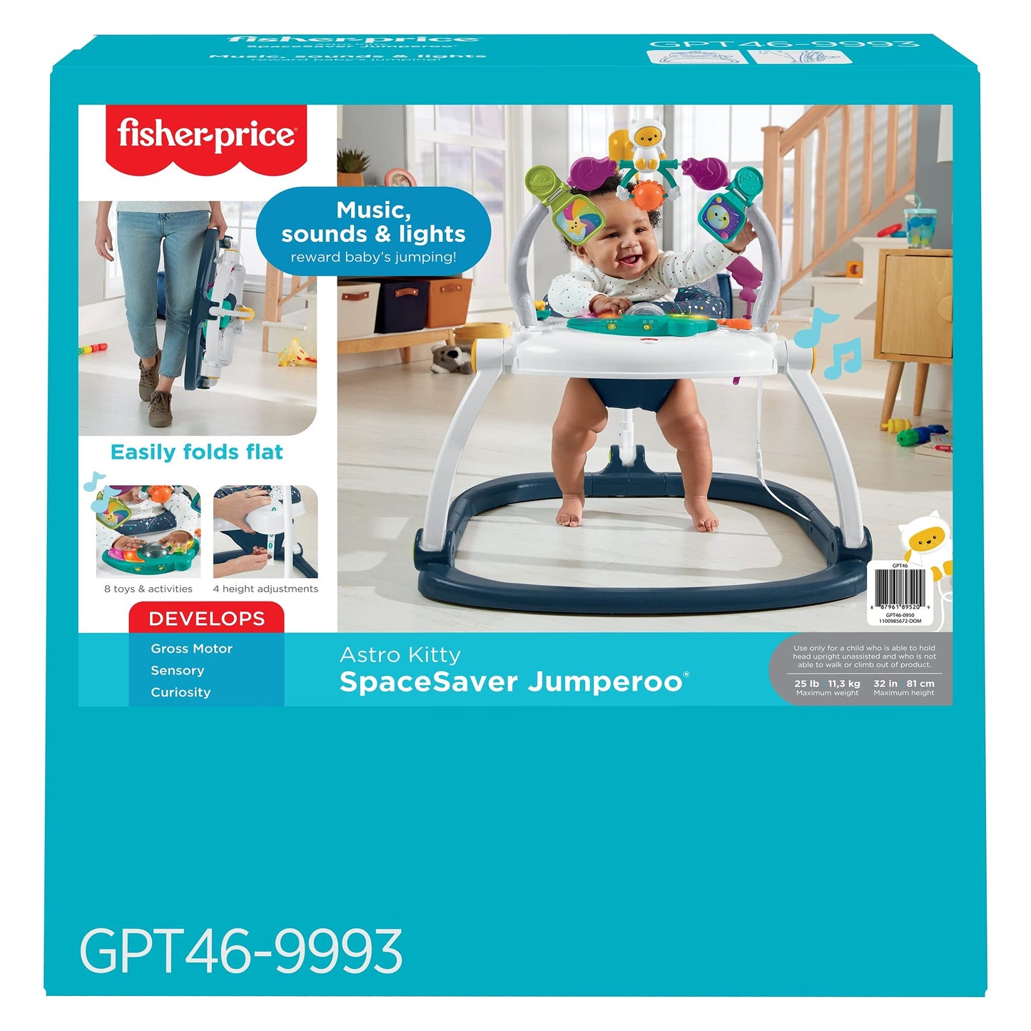 Fisher-Price Baby Jumperoo Baby Bouncer and Activity Center with Lights and Sounds, Astro Kitty SpaceSaver
