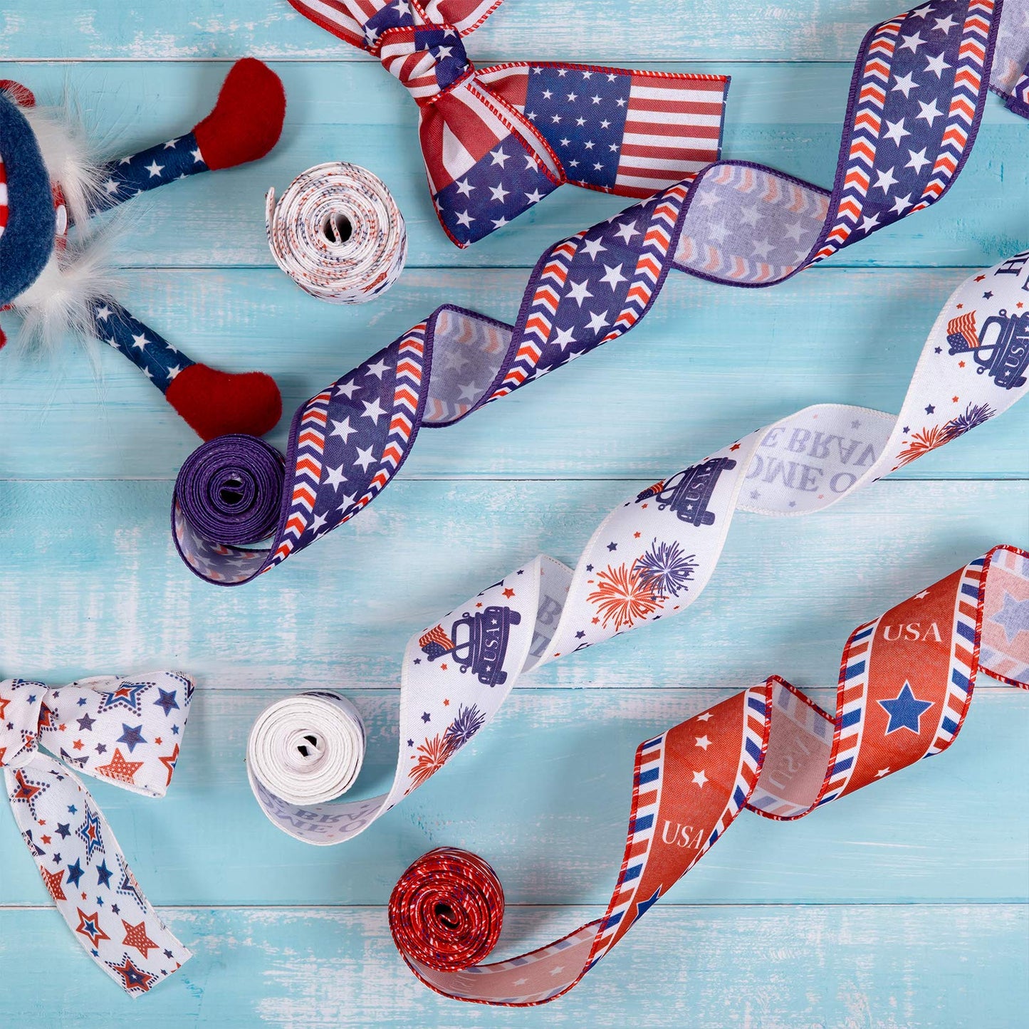 Whaline 5 Rolls Patriotic Ribbon 4th of July Stars and Stripes Burlap Wired Edge Ribbon 25 Yards American Flag Craft Ribbons for Independence Day 250th Anniversary DIY Wreath Bow Gift Wrapping