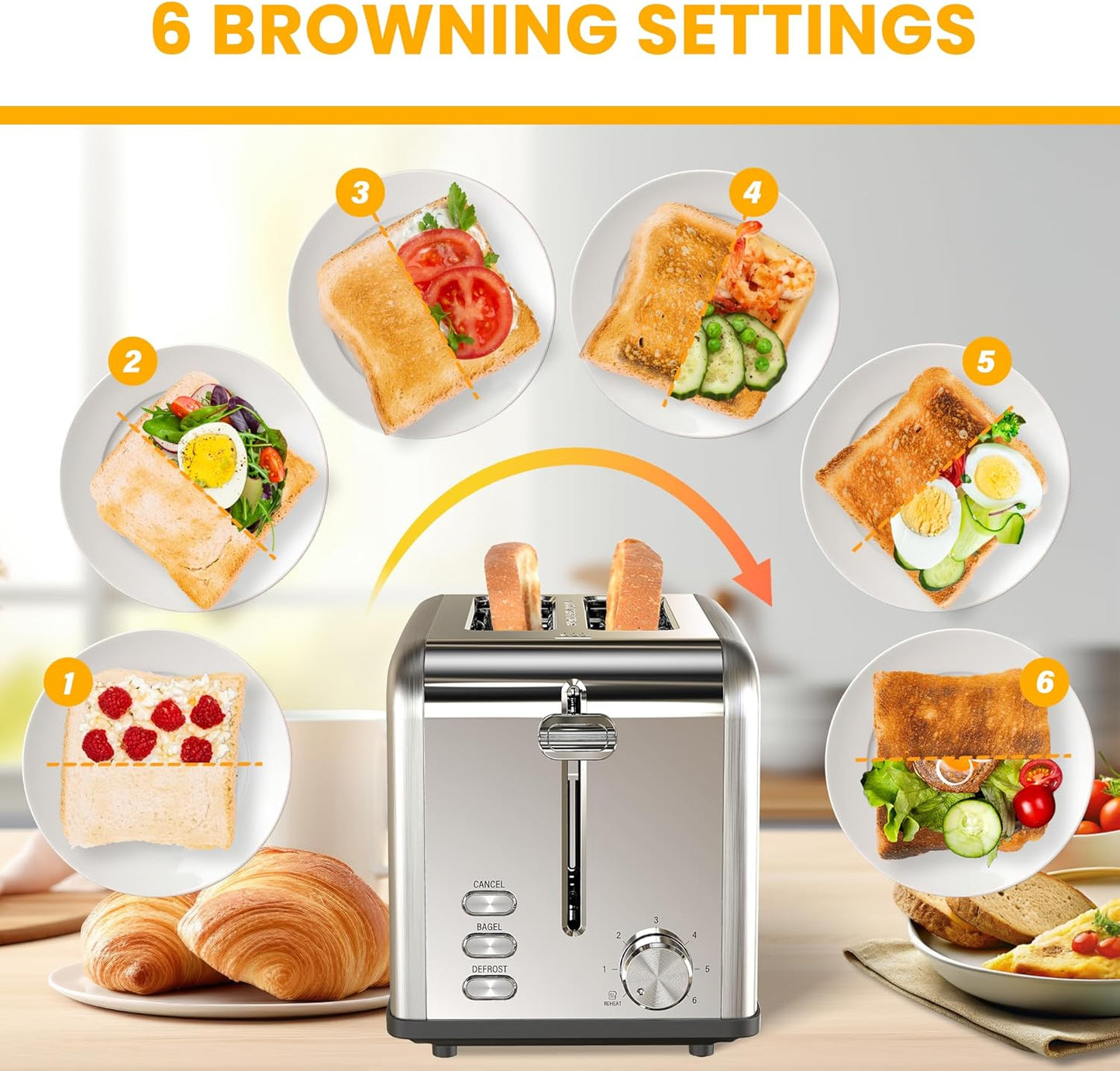 Simple Deluxe 2-Slice Toaster, Silver, 6 Browning Settings, 3 Functions, Extra Wide Slot & Removable Crumb Tray
