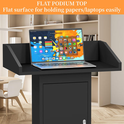 Heavy-Duty Black Metal Podium Stand with Lockable Wheels | Mobile Lectern with Storage Cabinet & Standard 44.56" Height | for Conference Rooms, Churches, Classrooms & Events (Style 3)