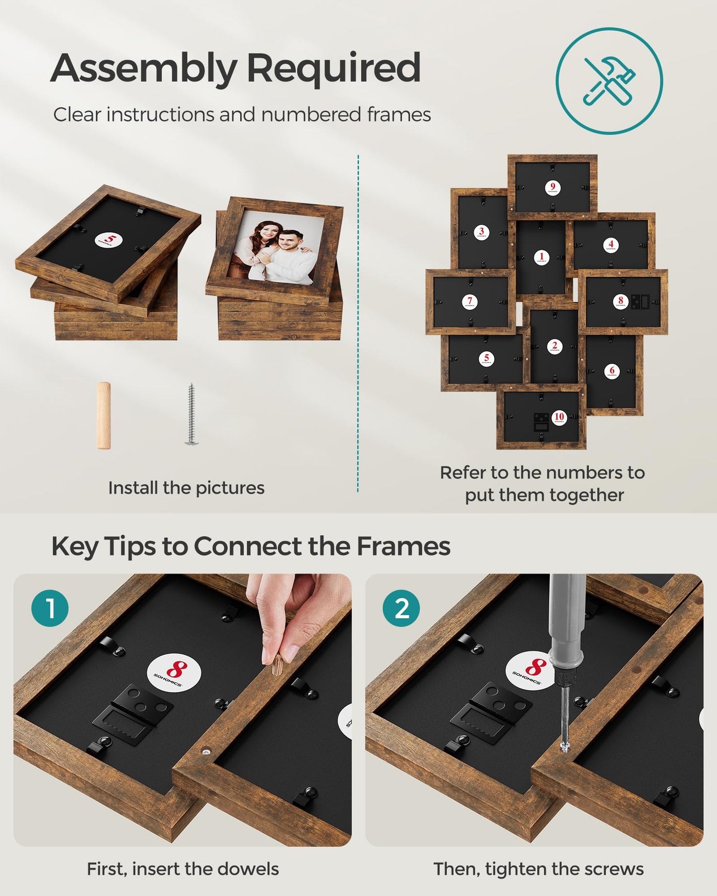 SONGMICS 4x6 Collage Picture Frames, 10-Pack Photo Collage Frame for Wall Decor, Glass Front, Assembly Required, Rustic Brown URPF020X02