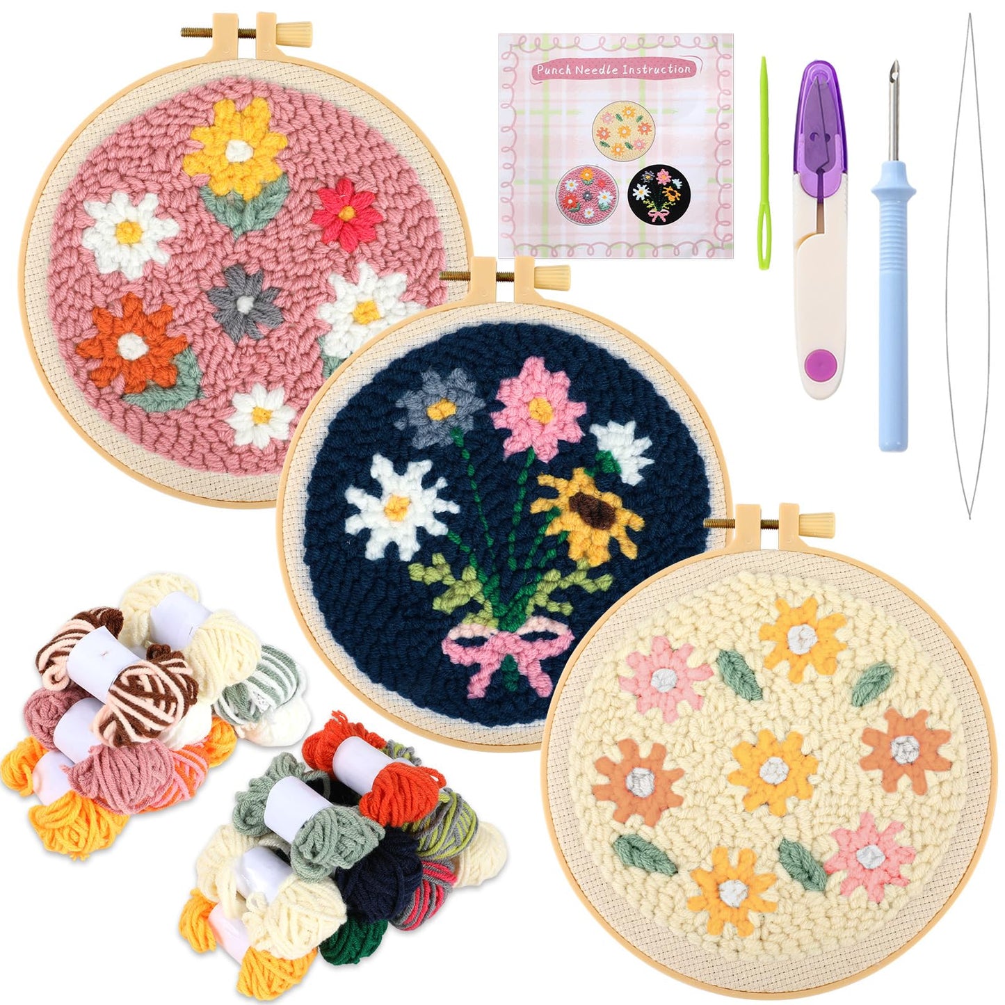 ojustbeok 3 Set Punch Needle Embroidery Starter Kits Includes Punch Needle Fabric with Daisy Pattern, Yarns, Embroidery Hoops, Sewing Needles, Instruction for Adults Beginner DIY Handmade Crafts Gifts
