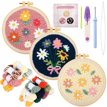 ojustbeok 3 Set Punch Needle Embroidery Starter Kits Includes Punch Needle Fabric with Daisy Pattern, Yarns, Embroidery Hoops, Sewing Needles, Instruction for Adults Beginner DIY Handmade Crafts Gifts