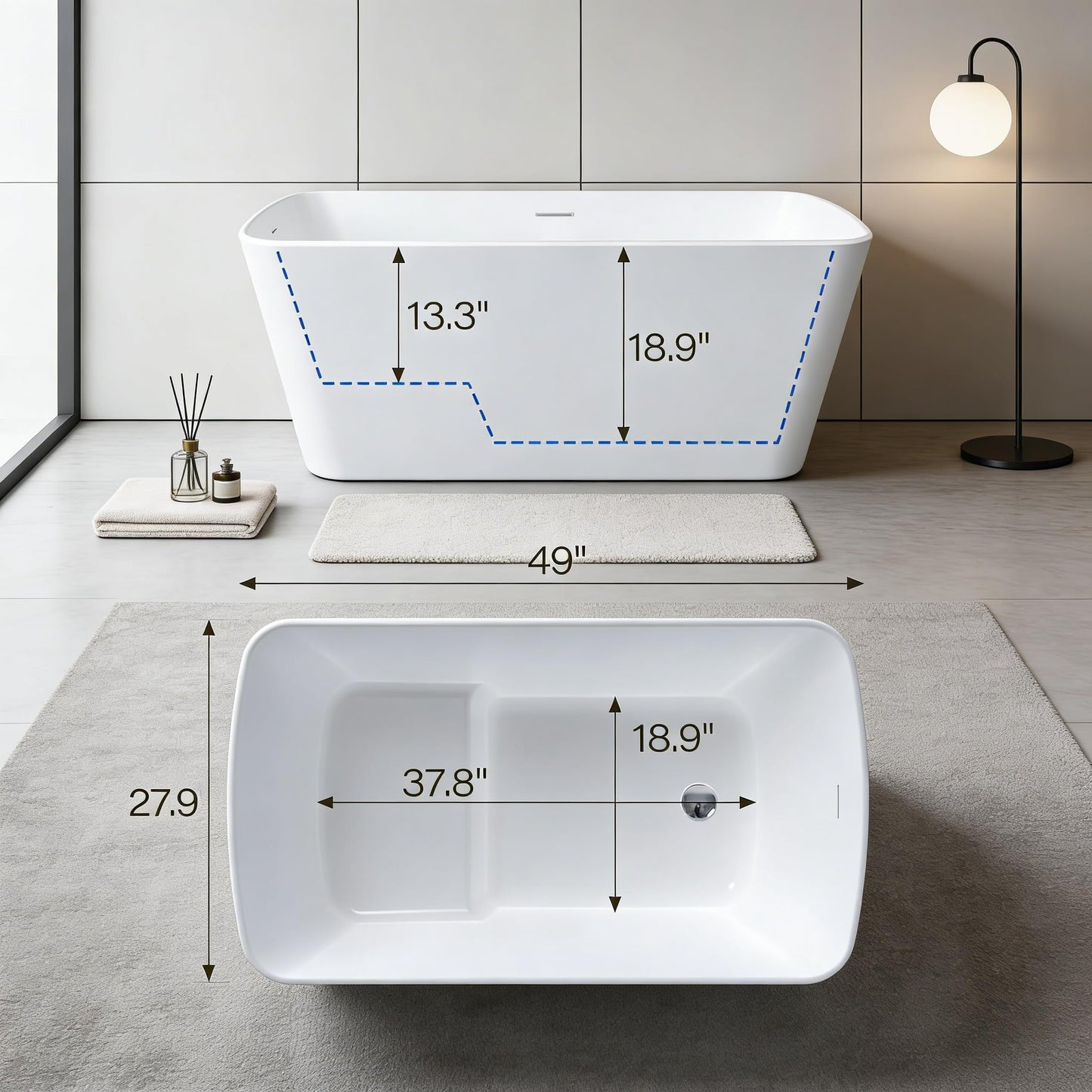 49" Acrylic Freestanding Soaking Bathtub, Matte Drain & Black Overflow, Modern Design Tub for Home Bathroom Renovations, Glossy White