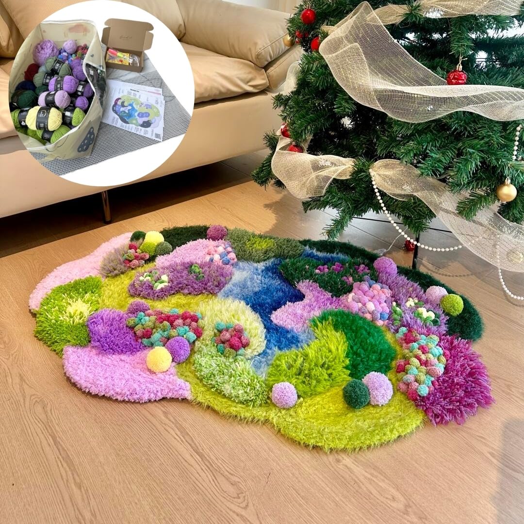 Latch Hook Rug Kit DIY Crochet Carpet for Adults Kids Beginners, Moss Garden Pre-Printed Canvas Yarn Rug Hooking Kits, Creative Craft Home Decor Ideal for Learning Rug Making