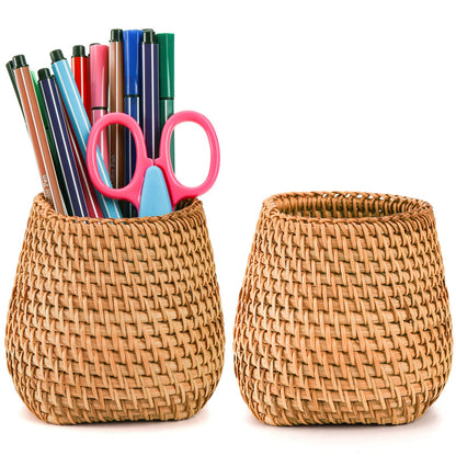 Hacaroa Set of 2 Rattan Pencil Holder for Desk, Handmade Wicker Pen Cup Cute Boho Desk Organizer, Woven Makeup Brush Holder Utensil Container for Home, Office Table Decor
