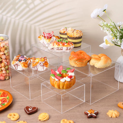 6 Pcs Acrylic Risers for Display Clear Risers Display Stands with Hollow Bottoms 5 Sided Acrylic Cube Boxes Square Nesting Cubes Decorative Stand Shelf for Food Dessert Jewelry Figures Decor 6 Sizes
