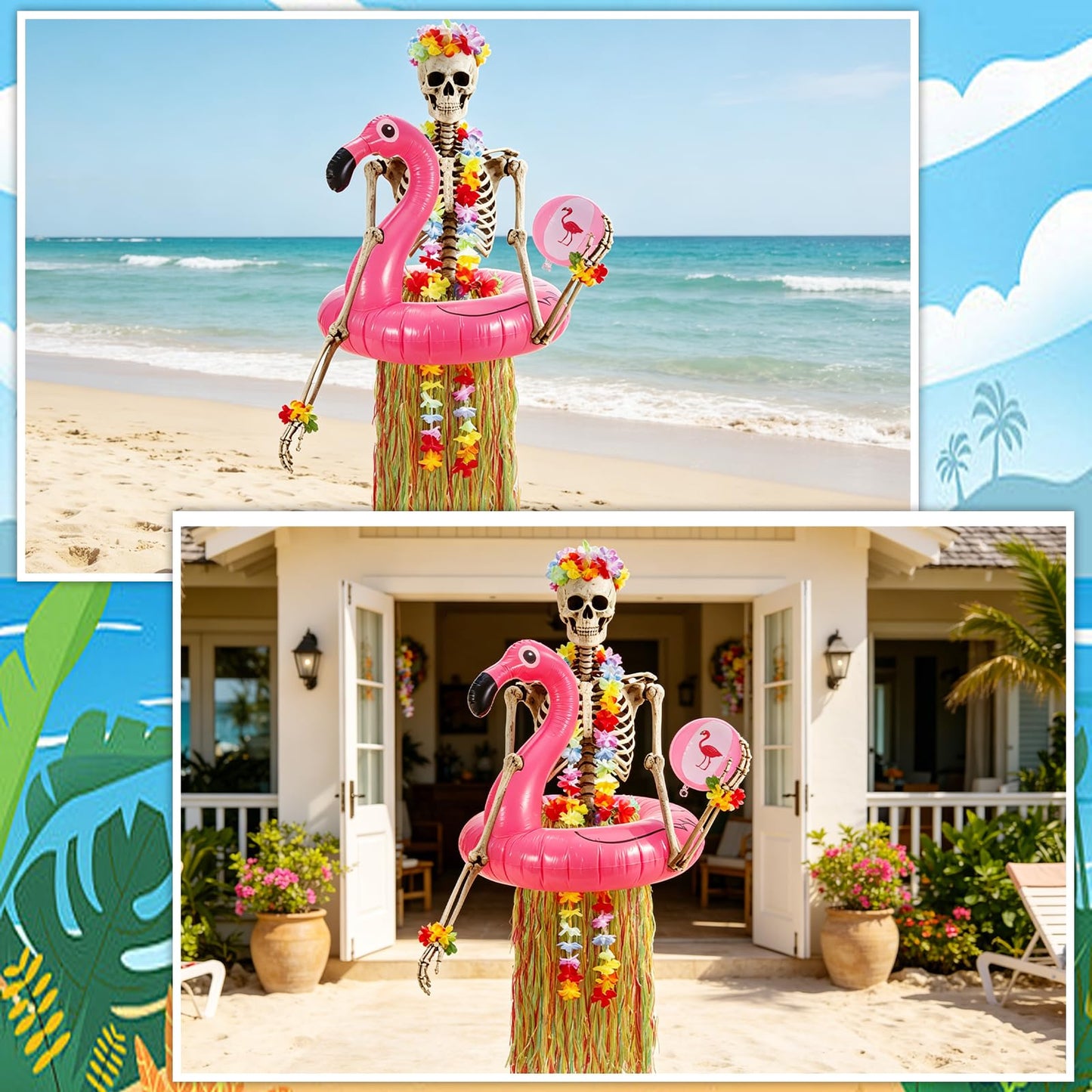 7Pcs Summer Hawaiian 12 ft Skeleton Costume Accessories Include Inflatable Flamingo Swimming Ring Hawaiian Hula Grass Skirt Beach Ball Wristbands Flower Garlands for Garden Lawn Luau Party Decor