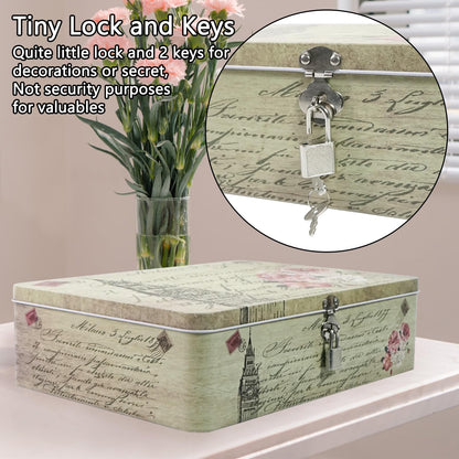 DreamsEden Decorative Keepsake Box with Hinged Lid and Small Lock, Large Letter Size, Tin Sheet Metal - Storage Memory Box for Keepsakes, Cards, Letters, Seed, Kids Gifts