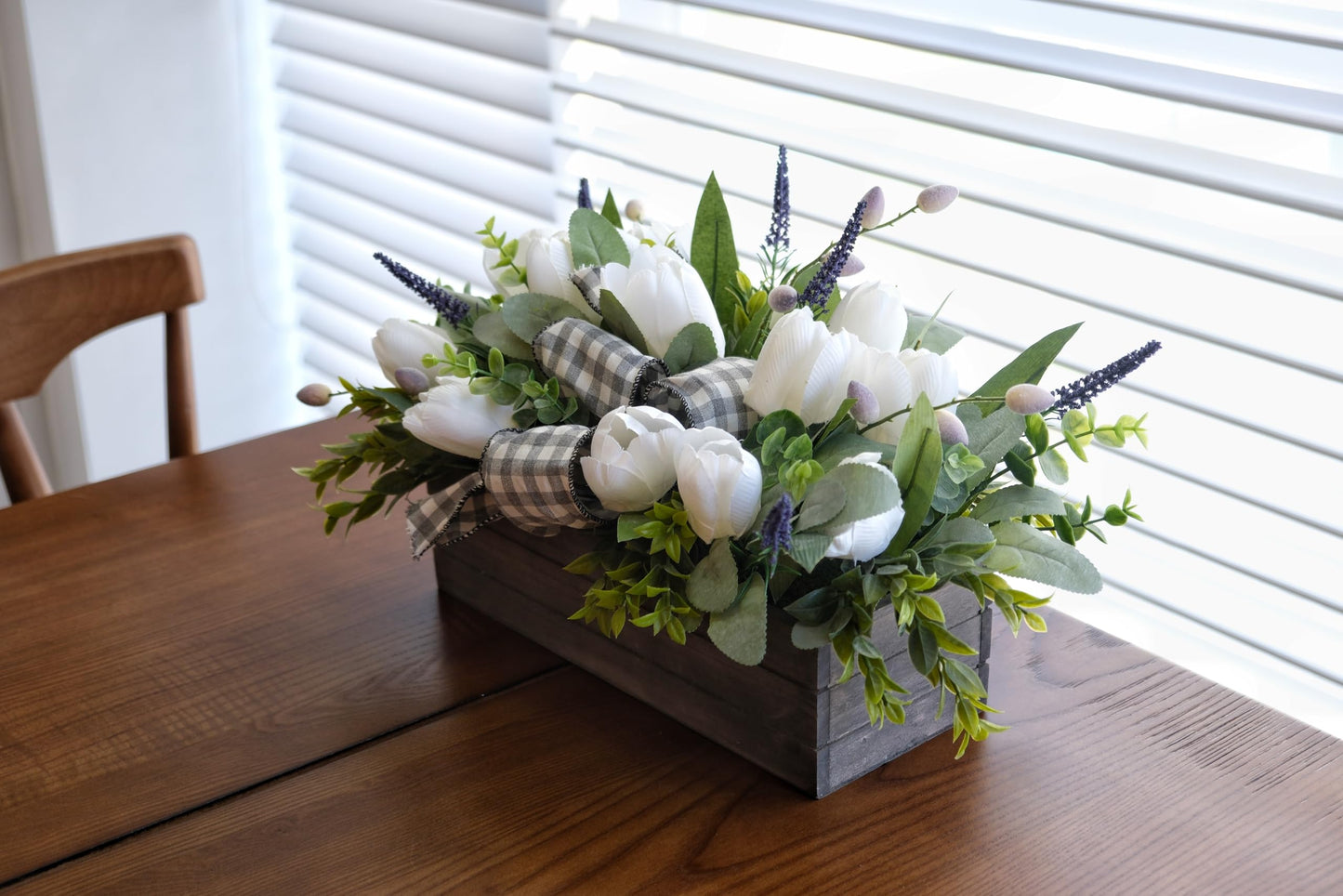 Spring Table Decor Faux White Tulips Arrangement, Spring Easter Tabletop Floral Centerpiece, Artificial Tulip Lavender Eucalyptus Boxwood and Bow in Rectangular Wood Box for Home Decoration, 14in