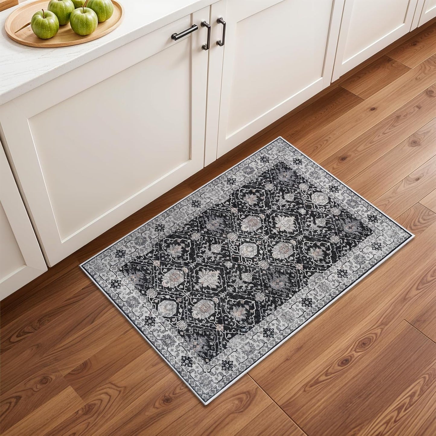 Skiennix Vintage Washable Area Rug - Soft Non-Slip Door Mat | Water-Resistant Low Pile (2x3, Black)