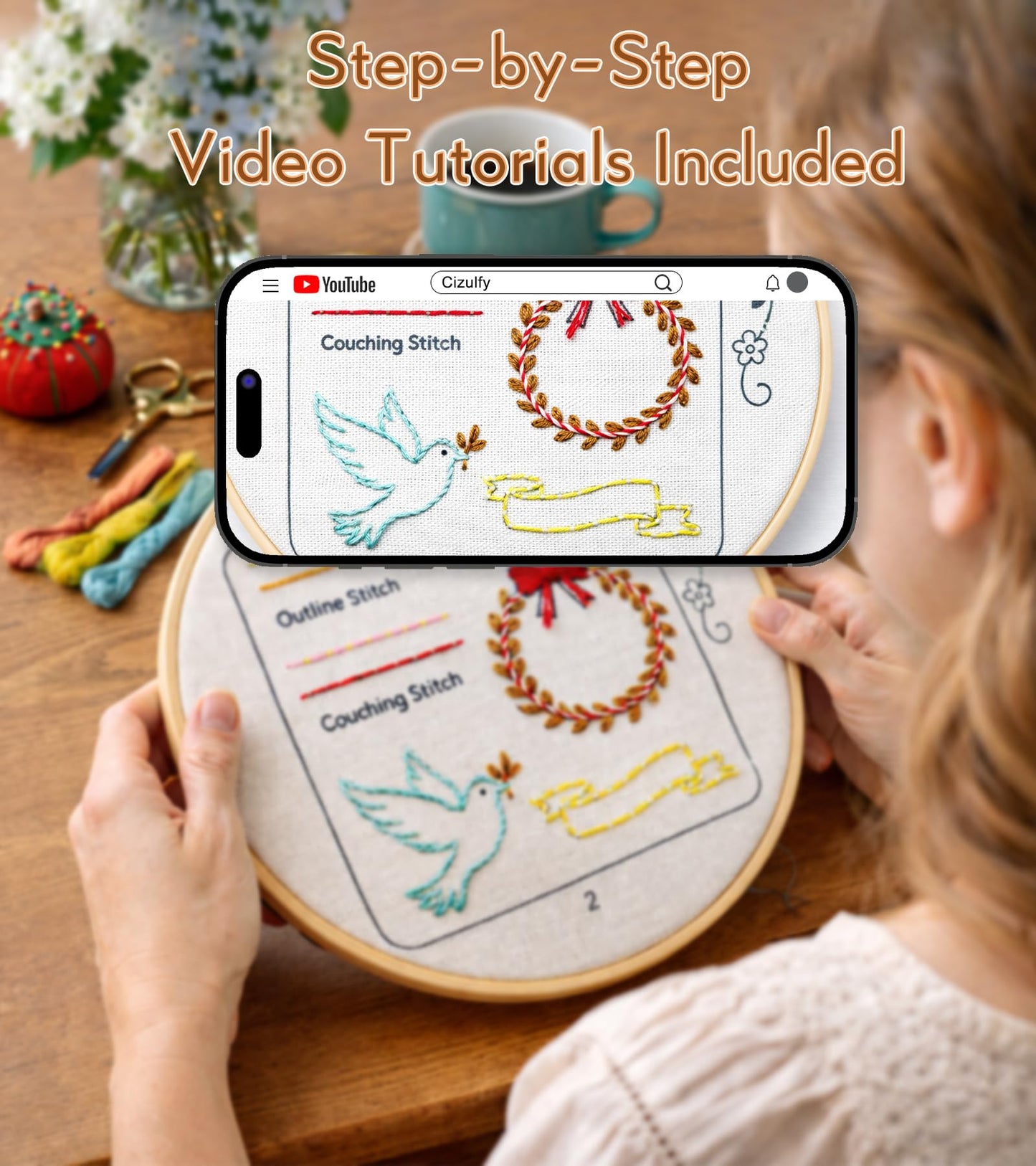 CIZULFY Beginner Embroidery Stitch Book Kit with Pre-Printed Fabric, 30 Essential Stitches and Practice Patterns(Floral Animal etc), Embroidery Beginner kit Adult with Tool and Video Guide