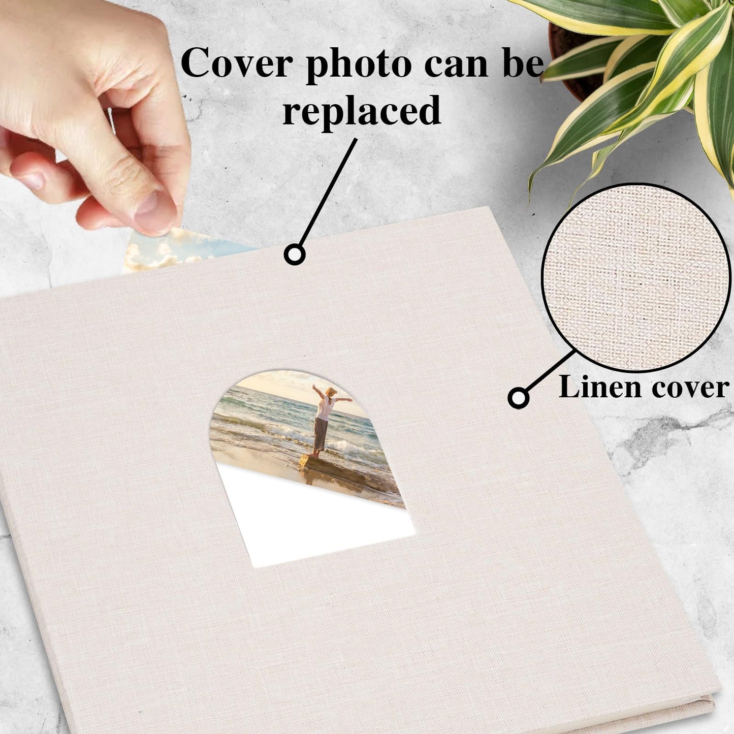 Vienrose 9.84x9.06 Inch Small Self-Adhesive Photo Album Linen Cover Arch Window Scrapbook Album 40 Blank Pages Memory Book with A Metallic Pen, Beige