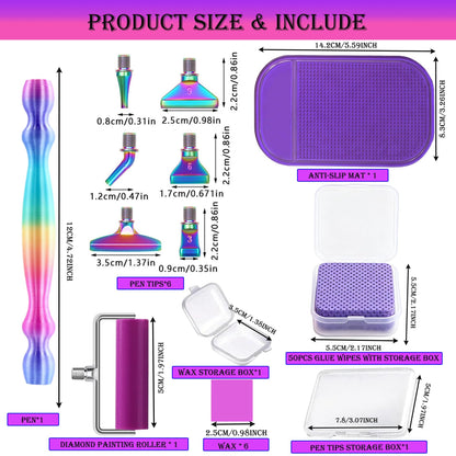 jecxucci Diamond Painting Art Drill Bead Dot Pen Kit with 6pcs Stainless Steel Tips, 6 Glue Clays, Diamond Art Roller and 50Pcs Cleaner Paper, 5D Diamond Painting Trays Sticky Pad (Colorful)