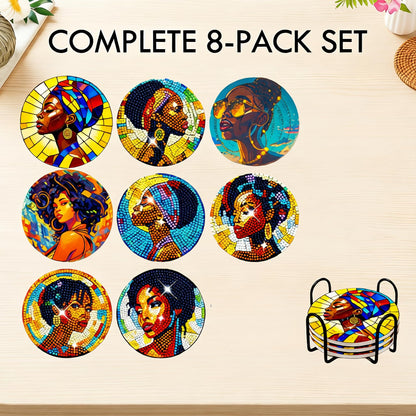 8 PCS Black Girl Diamond Art Coasters Kits for Adults - 4 Inch DIY Diamond Painting Coasters, Artistic African American Women 5D Mandala Crafts for Fun DIY Experience, Beginners, Gift
