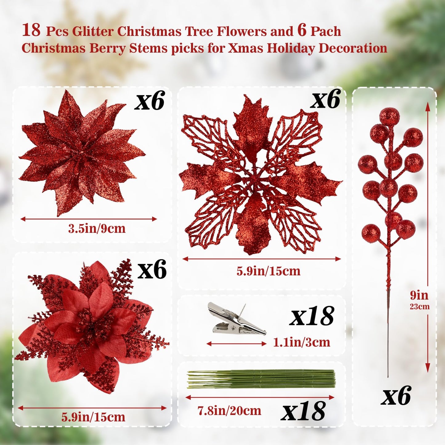 N&T NIETING 24 Pcs Christmas Poinsettia Artificial Flowers & Glitter Berries Stems Kit Christmas Floral Picks Christmas Tree Garland Wreath Filler Ornaments for Home Party Xmas Decor, Red