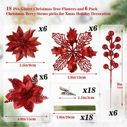 N&T NIETING 24 Pcs Christmas Poinsettia Artificial Flowers & Glitter Berries Stems Kit Christmas Floral Picks Christmas Tree Garland Wreath Filler Ornaments for Home Party Xmas Decor, Red