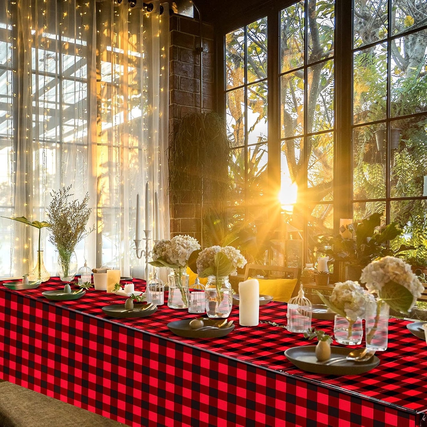 Breling Christmas Buffalo Plaid Table Cover, Red and Black Lumberjack Checkered Tablecloth, Disposable Tablecloth for