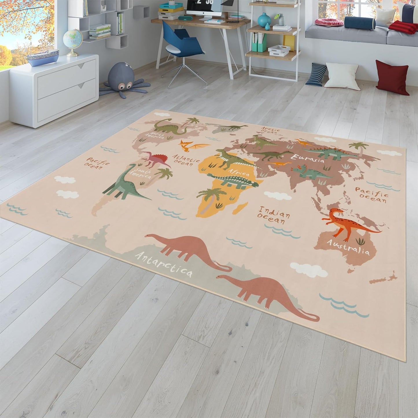 4' 5'3" Paco Home Kids Rug Dinosaurs Play Mat with Educational World Map in Beige, Size: x