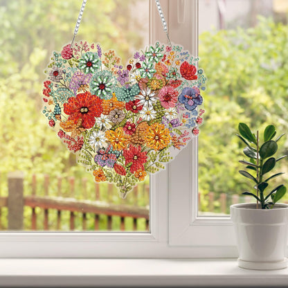 HEIBAGO Heart Flower Diamond Art Hanging Kits for Adults, Diamond Art Suncatchers, 5D Special Shape Diamond Painting Pendant, DIY Window Ornament Gifts for Home Garden Door Wall Decor 8.3 x 8.3 Inch