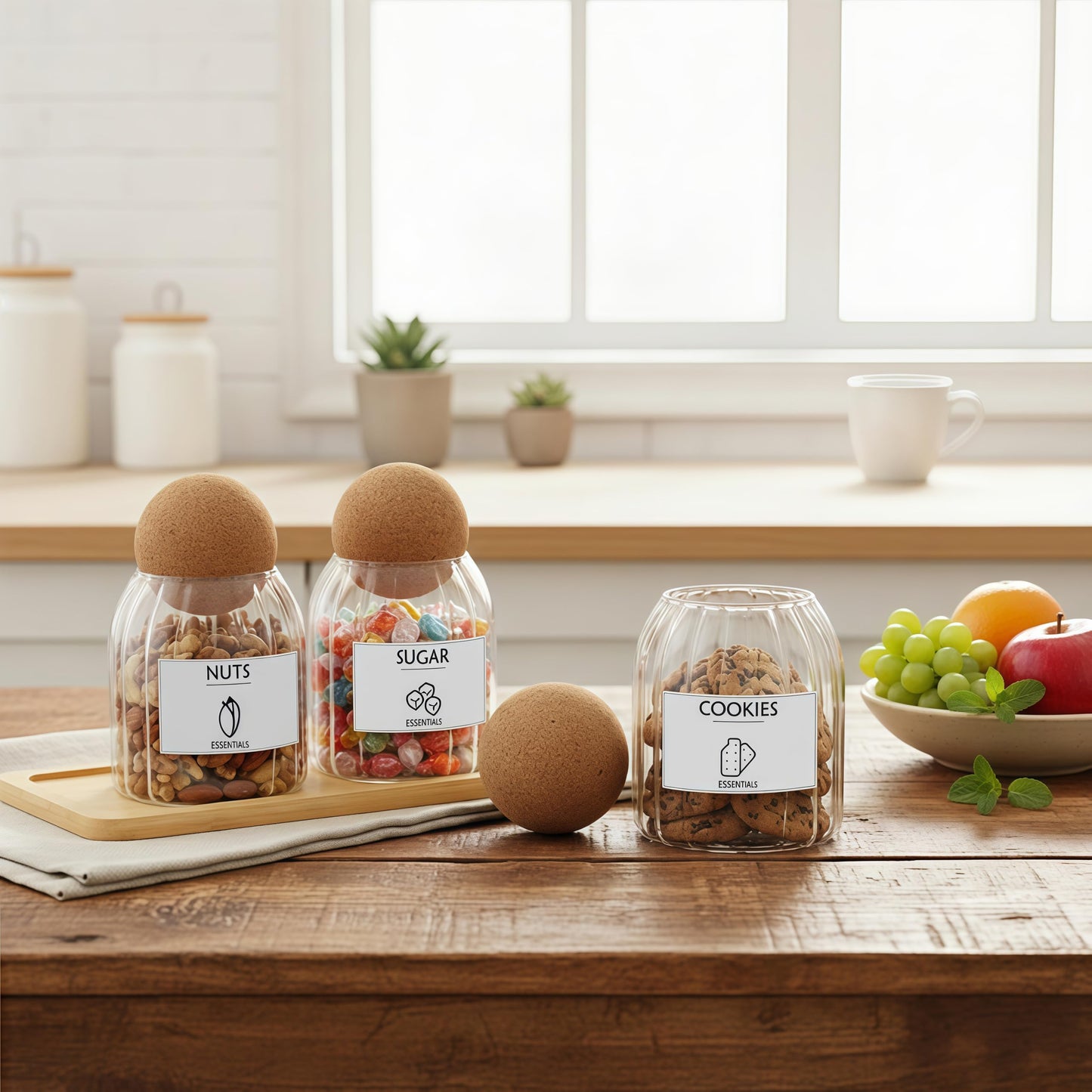 GYOSUGANG Glass Jar Storage Container with Ball Cork, 3PCS Round Glass Canisters with Tray & Labels, Small Glass Jars for Food Sugar Candy Coffee Tea Nuts - Style 2(500ml/17oz)