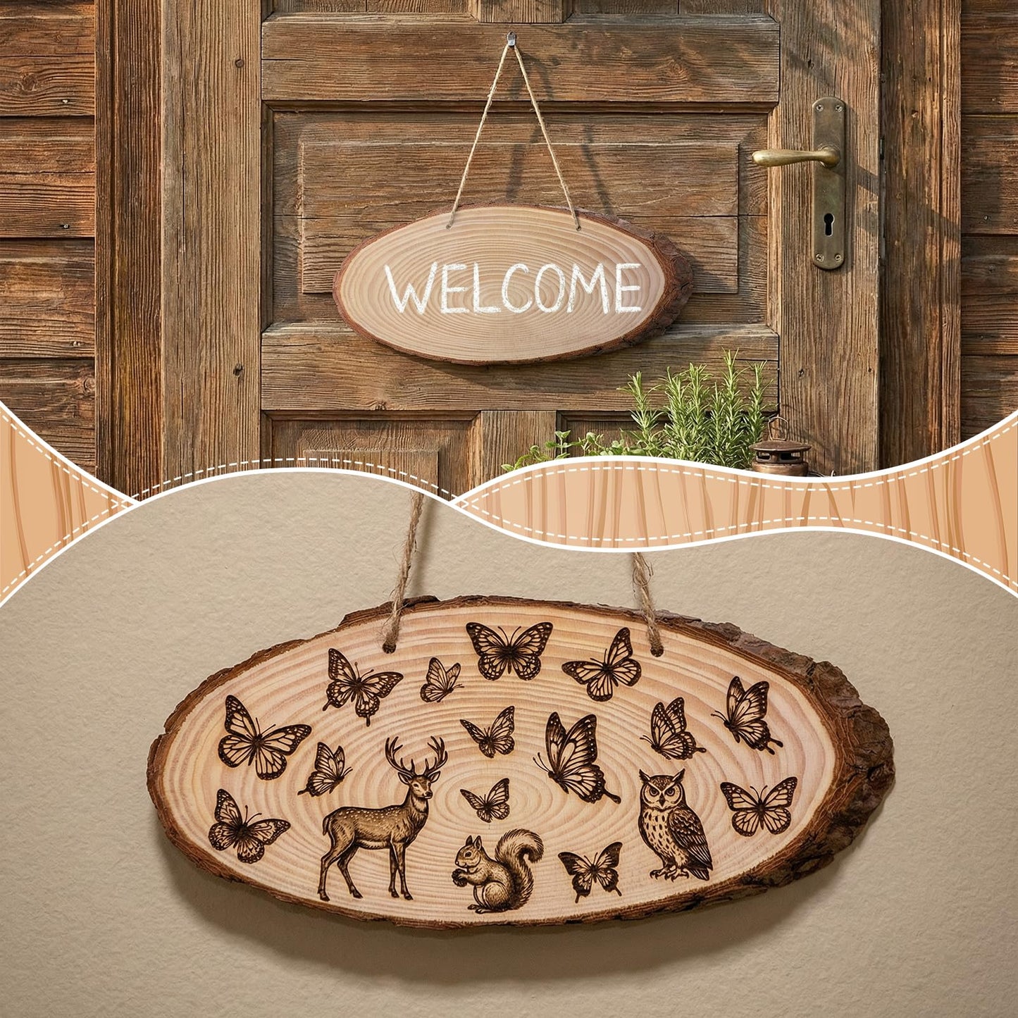 6 Pack 11 Inch Oval Wood Slice Basswood Plaque Hanging Signs with Jute, Unfinished Craft Wooden Slices Hanging Signs with Bark and Small Eye Ring for Burning Painting Crafts DIY, Painting, Ornament