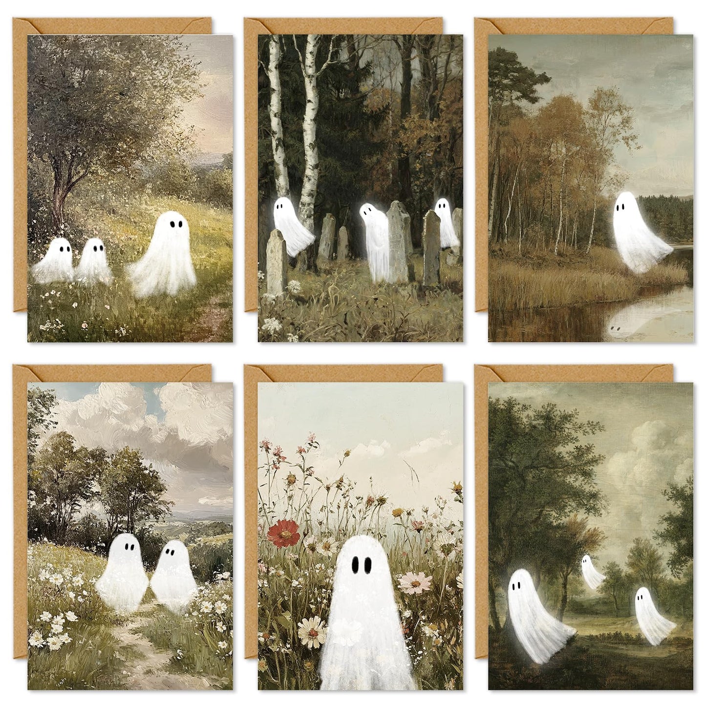 Whaline 36 Pack Halloween Cards Cute Ghost in Nature Greeting Cards with Envelopes Stickers Glue Stick Blank Note Card for Party Invitations, 4 x 6 Inch