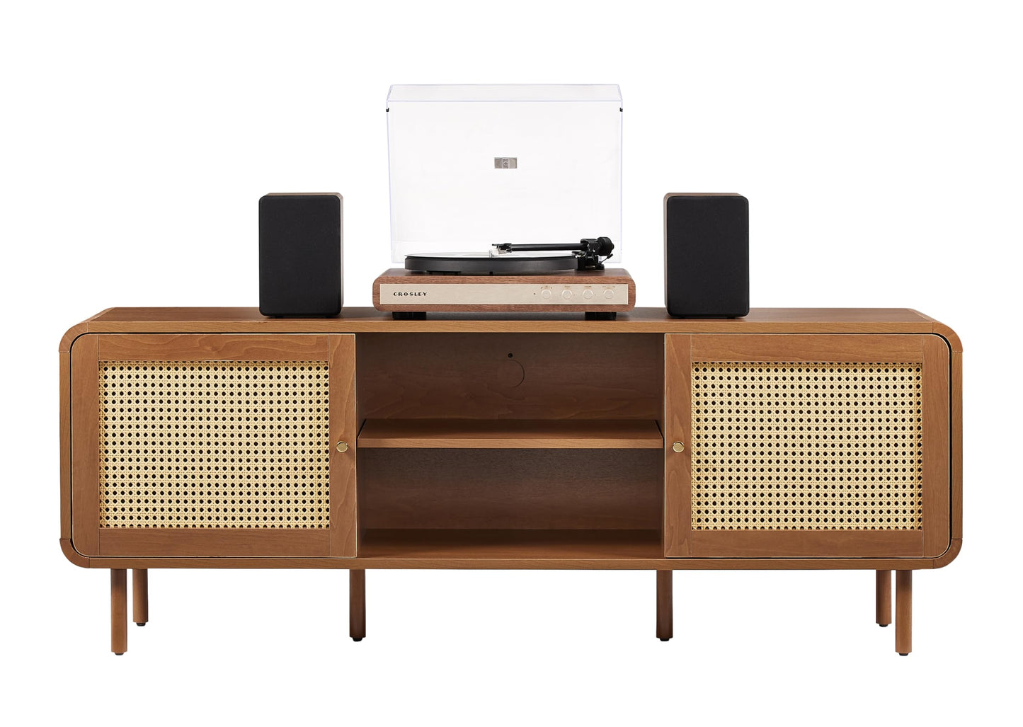 Crosley Furniture Nora Modern Record Player Cabinet with Vinyl Storage, Rattan Turntable Stand for Records, Walnut
