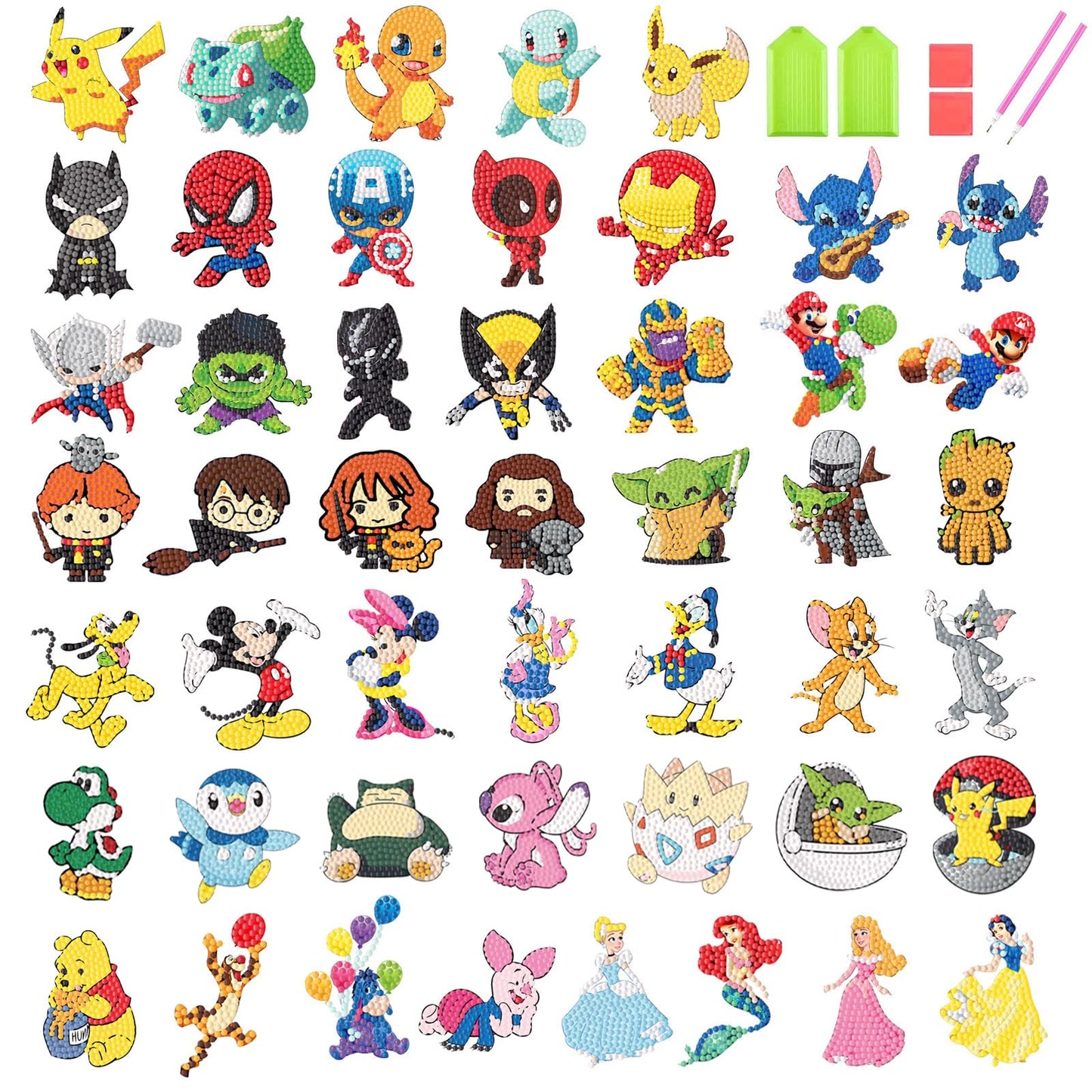 KOJEFCV 48 Pcs Cartoon Diamond Art Painting Sticker Kits for Kids-Cartoon Diamond Gem Stickers Kit,5D Gem Art Stickers Mosaic for Kids Gift for Boys Girls 4-8-10-12 Years Old