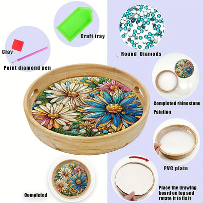 ARTopet DIY Diamond Tray Round Diamond Art Painting Creative Design Handmade Wooden Tray Dinner Plate Diamond Art for Coffee Living Room Home Organizer Diameter 25.5cm-Daisy