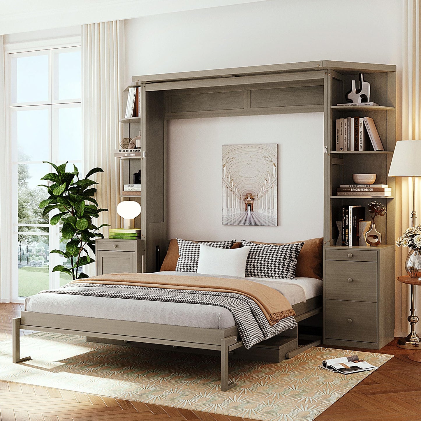 Merax Queen Murphy Bed with Desk and Storage, Hidden Wall Bed with Foldout Workstation, Shelves and Cabinets for Space-Saving Home Office, Gray