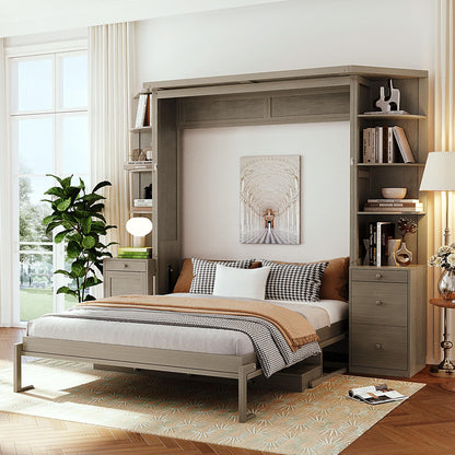 Merax Queen Murphy Bed with Desk and Storage, Hidden Wall Bed with Foldout Workstation, Shelves and Cabinets for Space-Saving Home Office, Gray