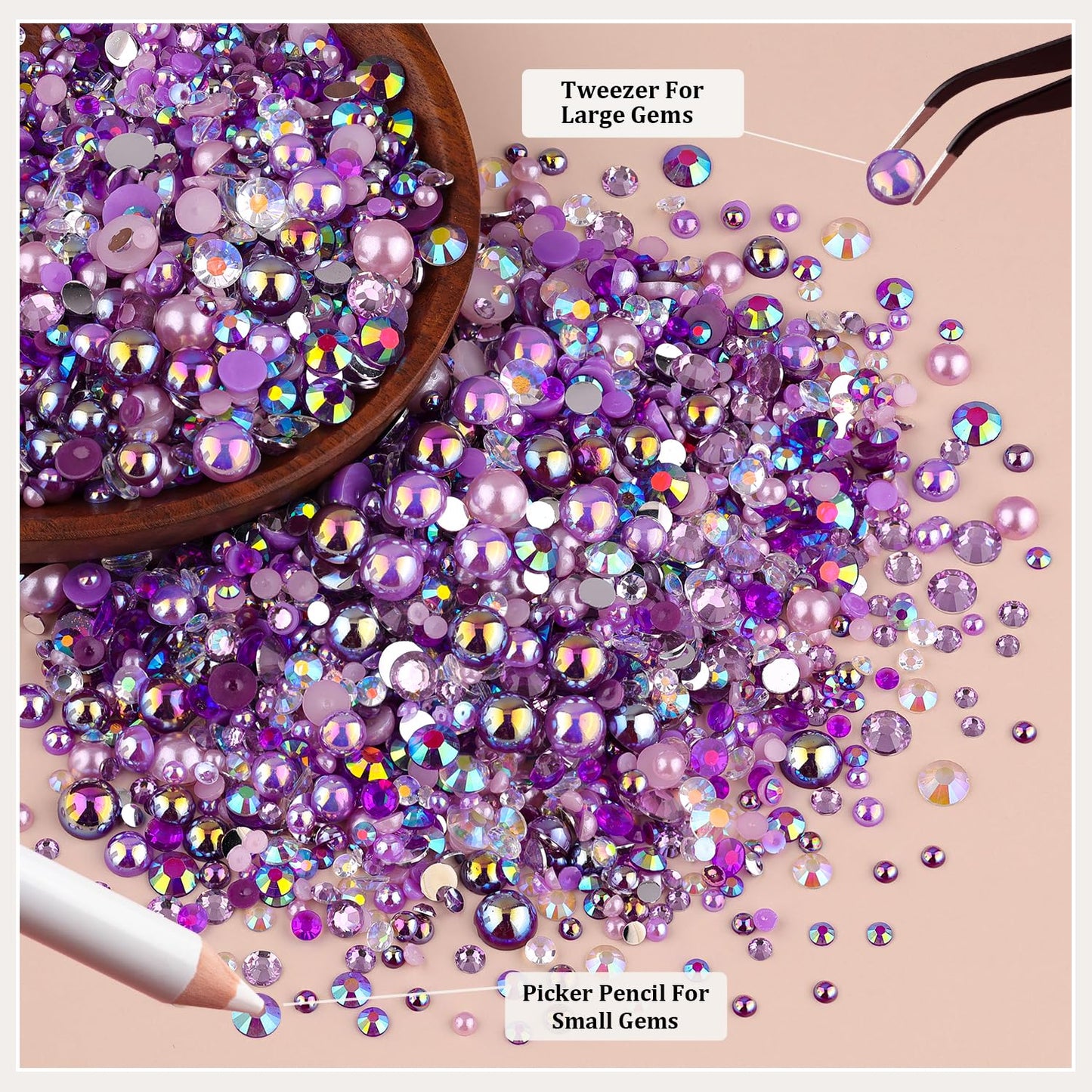 14000PCS Flatback Pearls and Rhinestones for Bedazzling Kit, Purple 3-10mm Resin Rhinestones and Half Pearls for Crafting, Nail Art Dec with 3pcs B7000 Jewelry Glue