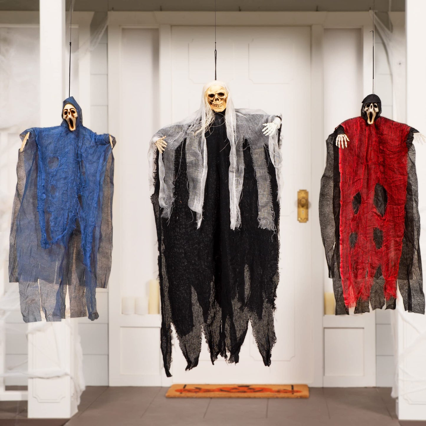JOYIN 3 Pack Hanging Skeleton Ghost Halloween Decorations,Grim Reapers for Halloween Outdoor Decorations(One 35" Hanging Ghost Skeleton and Two 25" Hanging Reapers)