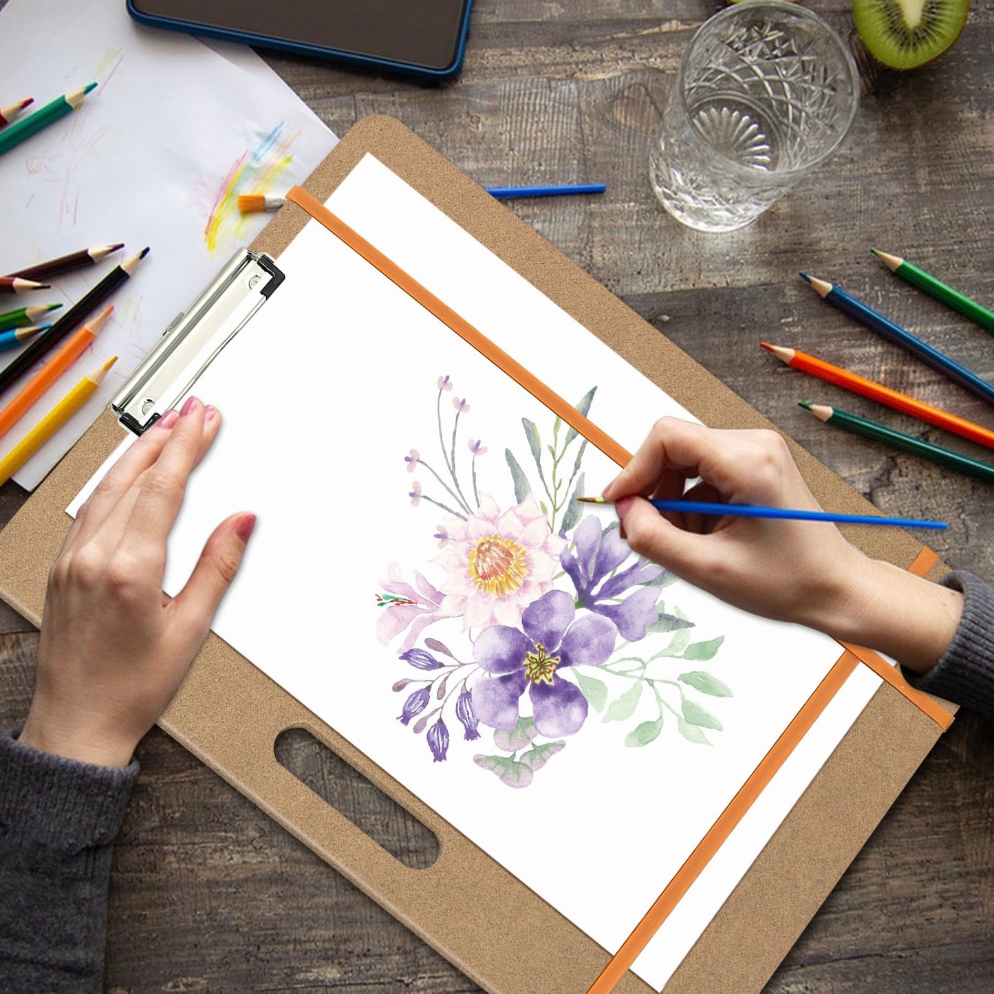 Drawing Board 13x17 Sketch Board with Handle, Portable Wooden Art Clipboard with Sturdy Clip and Rubber Bands, Lightweight Drafting Board Fits in Artists Tote for Sketching, Drawing & Painting