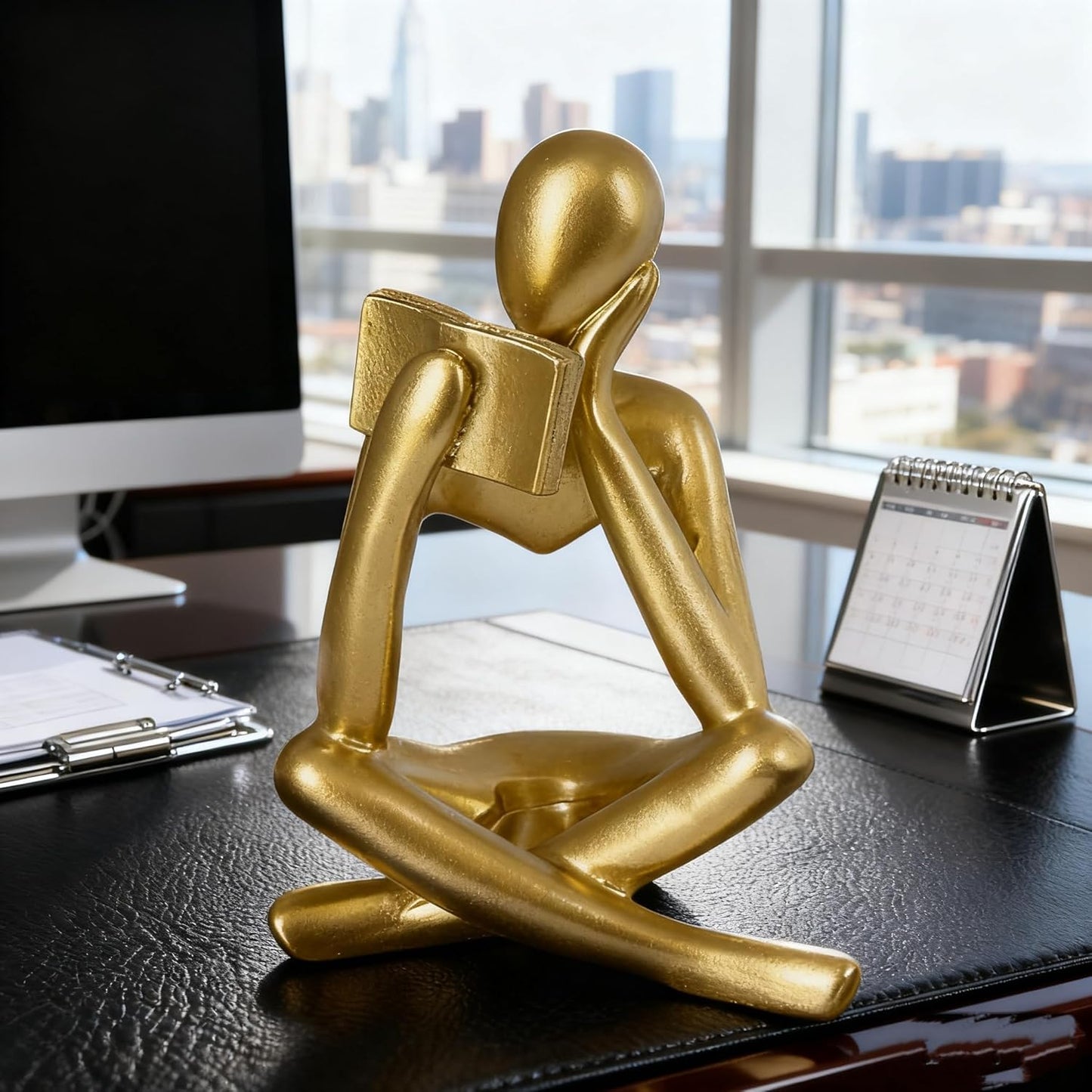 1 Pack Right Facing Gold Reading Women Statue, Thinker Sculptures Resin Abstract Art Figurine, Modern Aesthetic Gold