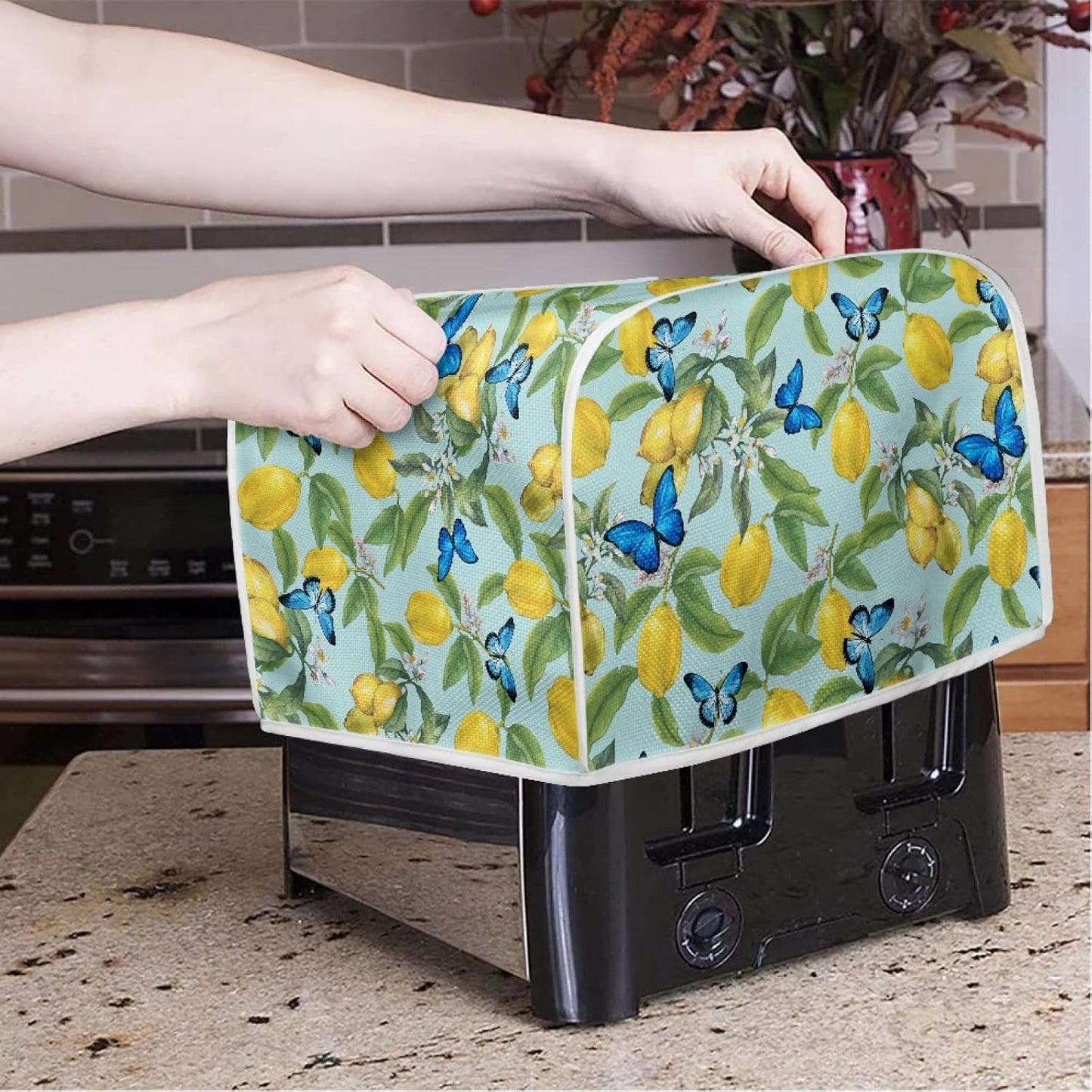 Bulopur Blue Butterfly Lemon Printed Toaster Cover, 4 Slice Microwave Oven Dust Protection