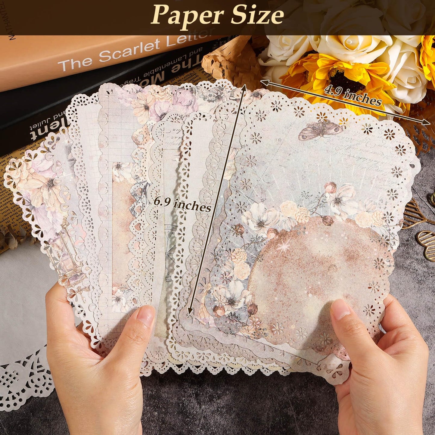 Flasoo Vintage Scrapbook Supplies, 80 Sheets Lace Edged Scrapbook Stationery Paper with Double Sided Tape Roller for Junk Journal Making, Decoupage and Card Crafts, 4.9x6.9 Inches