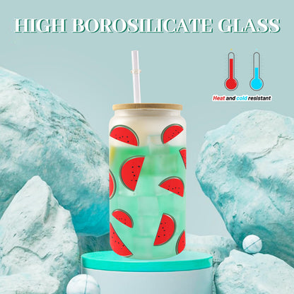 Joyclub 8 Pack Sublimation Blanks Glass Cups with Bamboo Lids and Straws 16 OZ Frosted Glass Beer Cans Mason Jar for Iced Coffee Juice Soda Drinks DIY Gifts