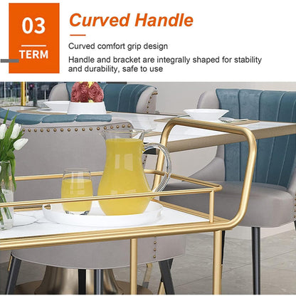 3-Tier Bar Cart with Wheels, Gold Metal Frame with Marble Pattern Shelves, Rolling Serving Trolley with Lockable Casters, Kitchen Living Room Storage Cart, 27x15x34 Inches