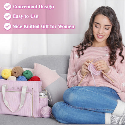 Klyyo Clyro Large Crochet Tote Bag Seersucker Knitting Bag Yarn Storage Tote 15 x 12 Inch Cotton Pink Stripe Crochet Hooks Knitting Accessories Organizer Holder with Zipper for Women DIY Lovers Gift