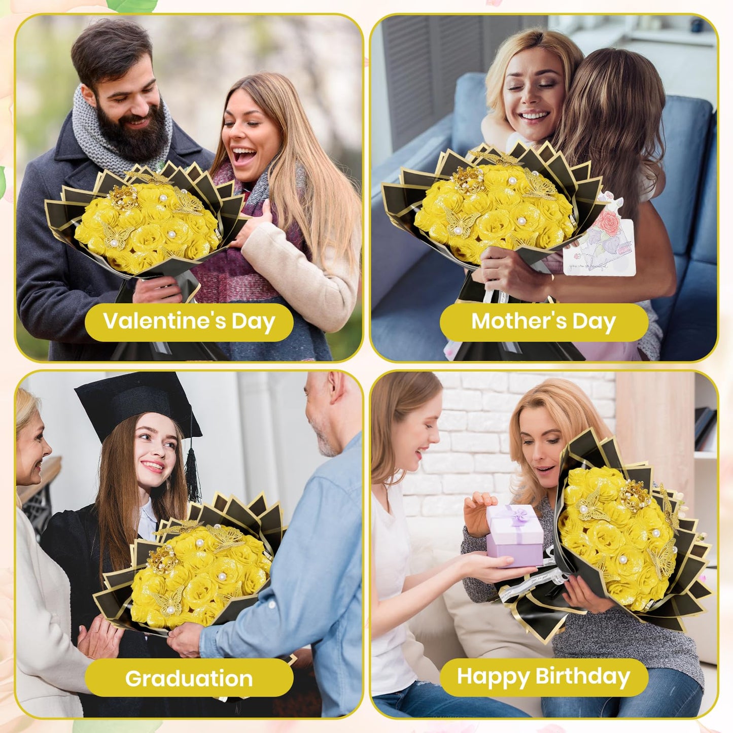 Yellow Glitter Roses Bouquet, 24 Pcs Shiny Glitter Flowers Bouquet, Everlasting Artificial Roses Bouquet for Mothers Day, Birthday, Anniversary, Wedding, Engagement, Christmas