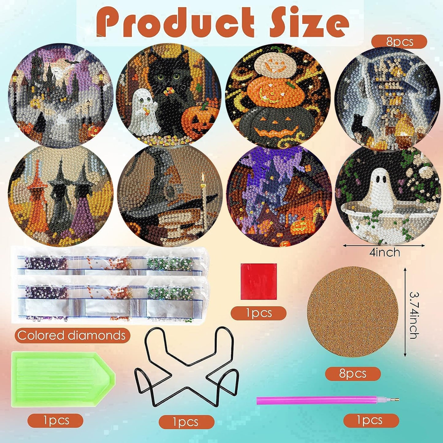 ijbnhd 8 Pack Halloween Diamond Art Coasters Kits, Halloween Diamond Painting Coasters Kit with Holder, DIY Diamonds Art Non Slip Coaster Crafts Kits for Adults Gifts 4x4 inch (Cork Wooden Pad)